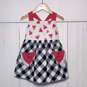 RICRAC & RUFFLES Criss Cross Back Embroidered Appliqué Watermelon Tunic Blouse